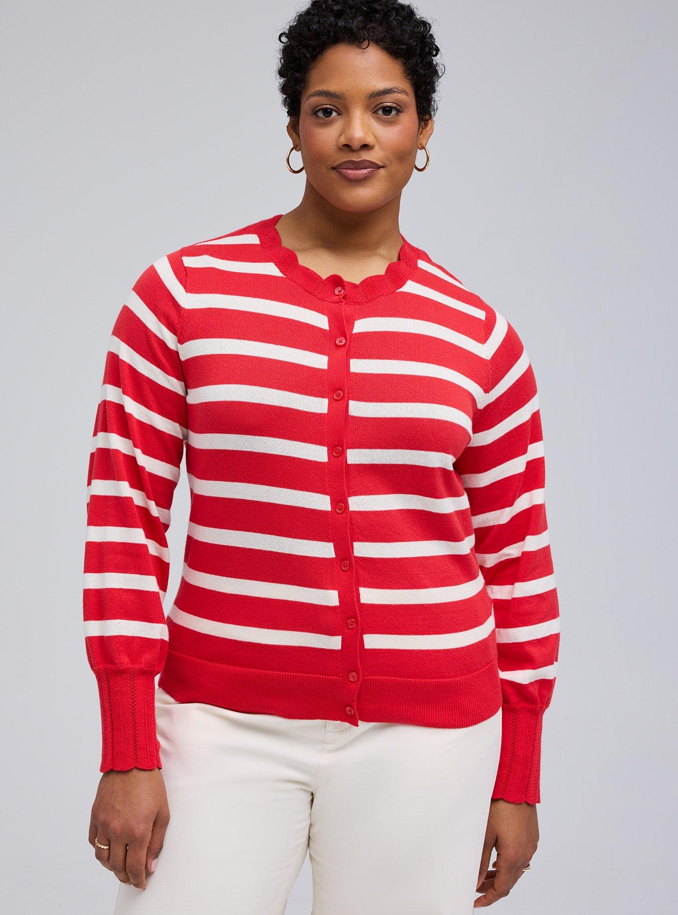 Belle Isle Scalloped Detail Cardigan, BELLE STRIPE RED WHITE, alternate