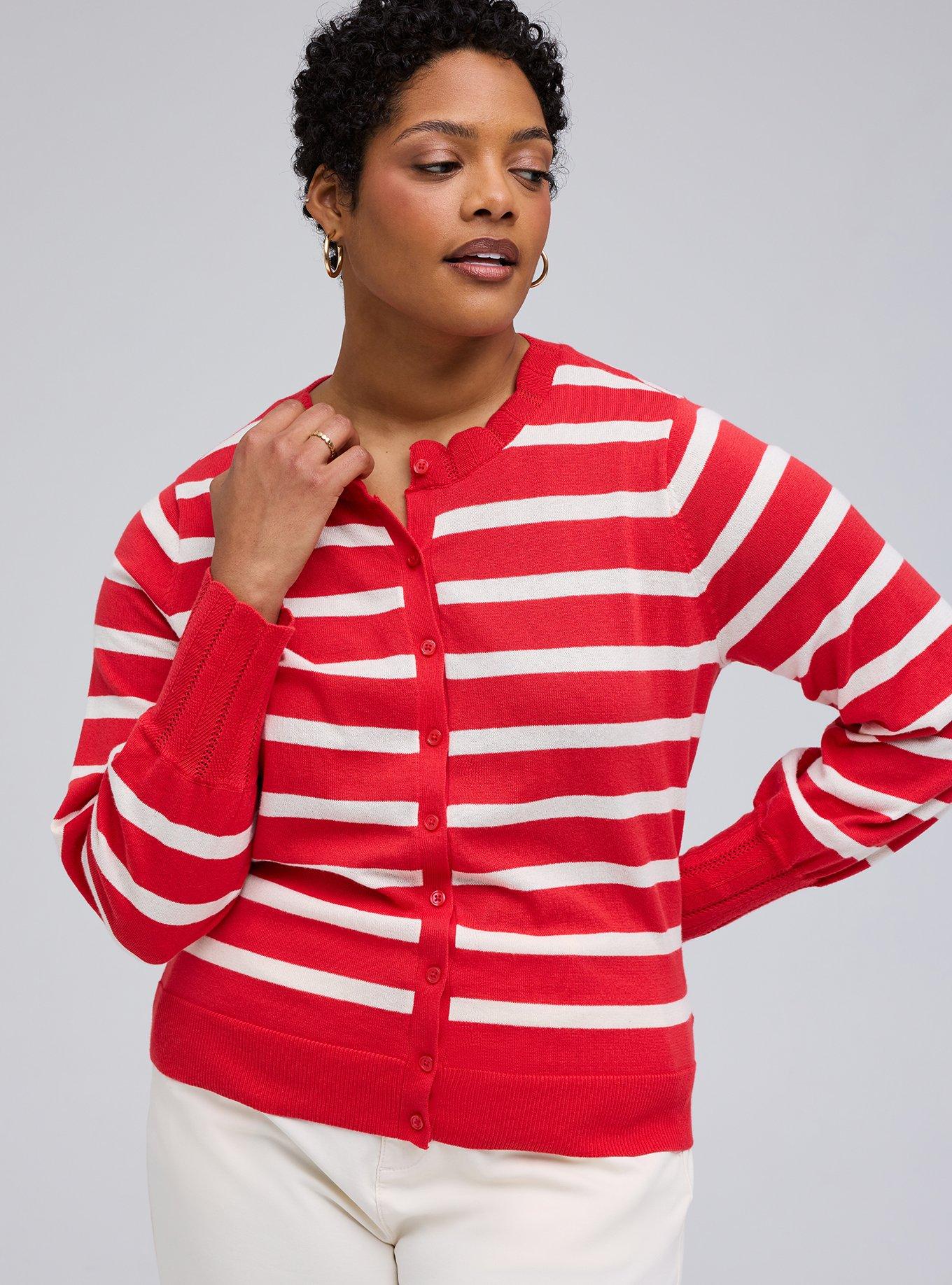Plus Size Belle Isle Scalloped Hem Cardigan, BELLE STRIPE RED WHITE, hi-res