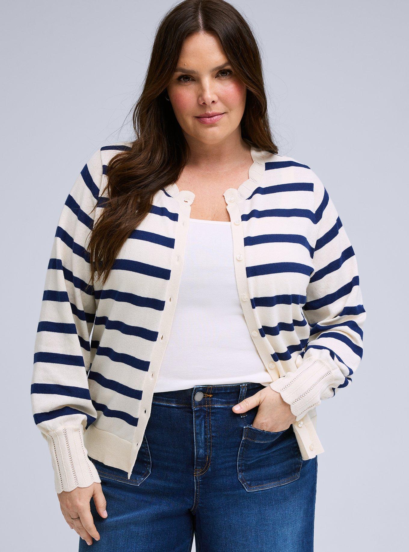 Belle Isle Scalloped Detail Cardigan, BELLE STRIPE WHITE BLUE, alternate