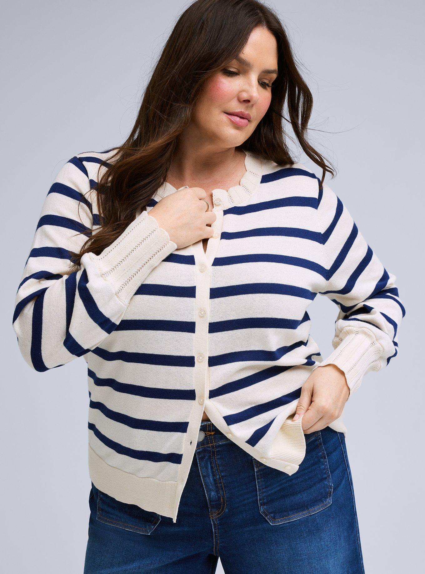 Belle Isle Scalloped Detail Cardigan, BELLE STRIPE WHITE BLUE, hi-res