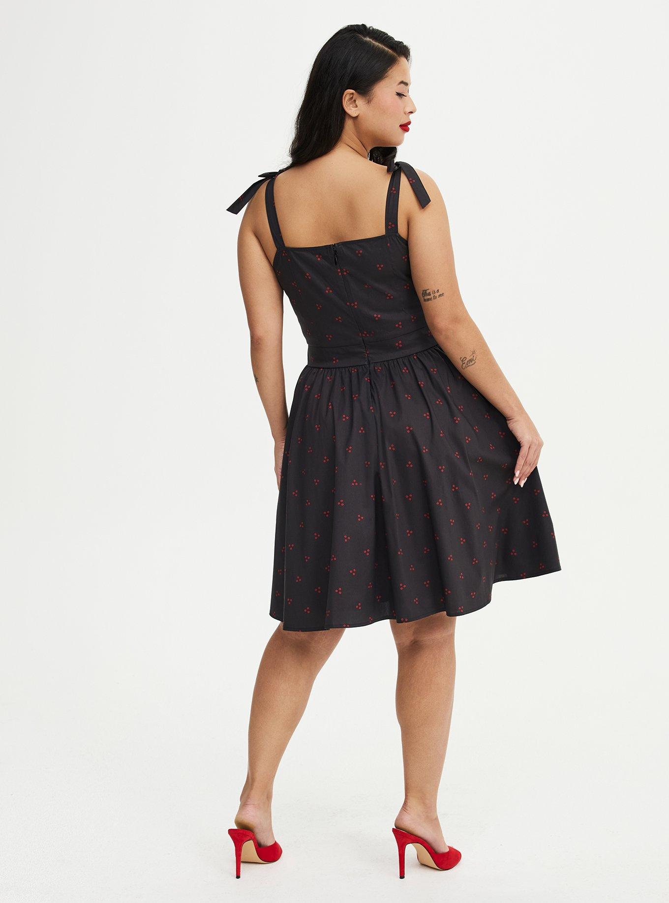 Retro Square Neck Bow Strap Swing Dress, AMOS DOTS DEEP BLACK, alternate