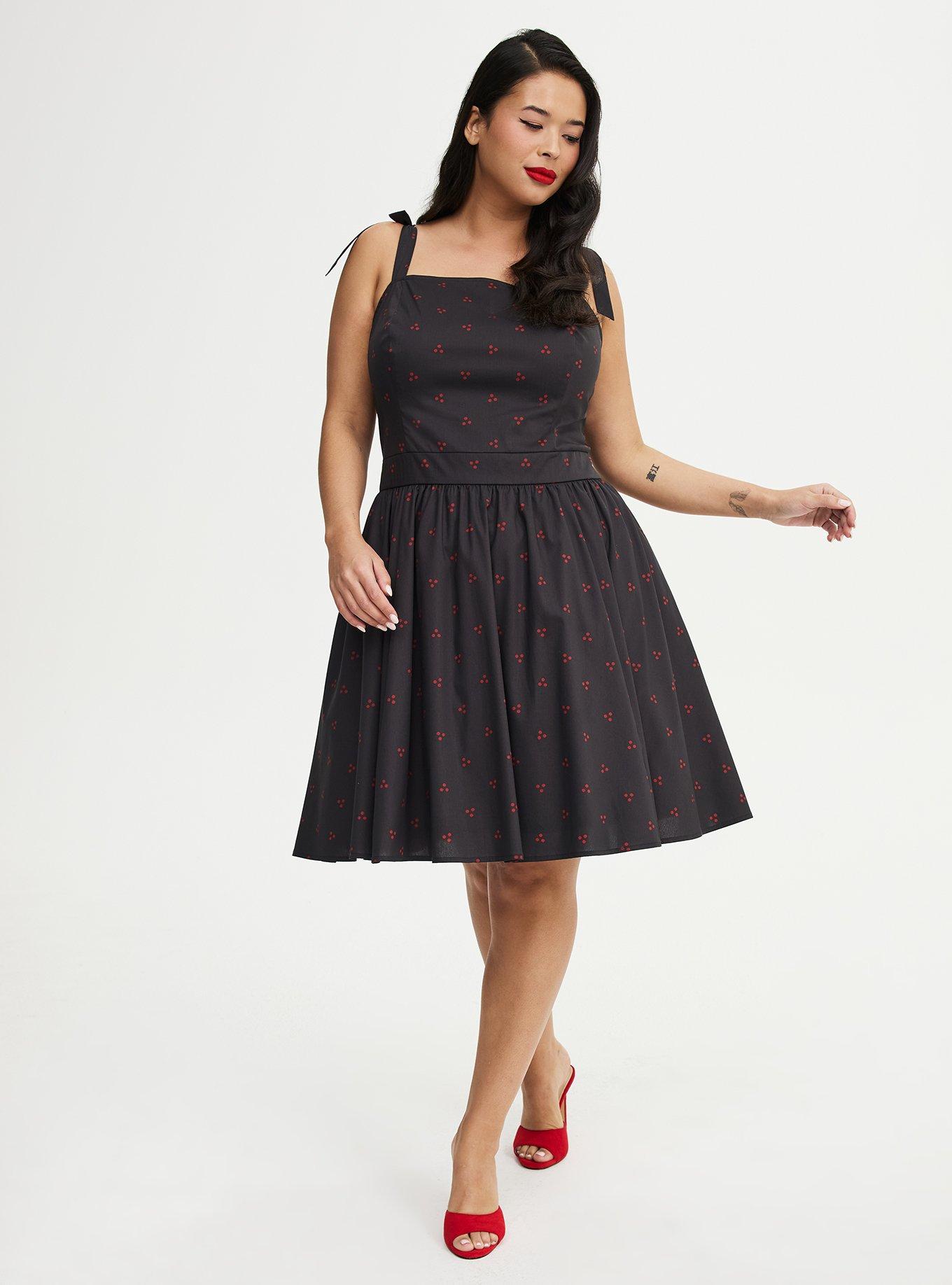 Retro Square Neck Bow Strap Swing Dress, AMOS DOTS DEEP BLACK, alternate