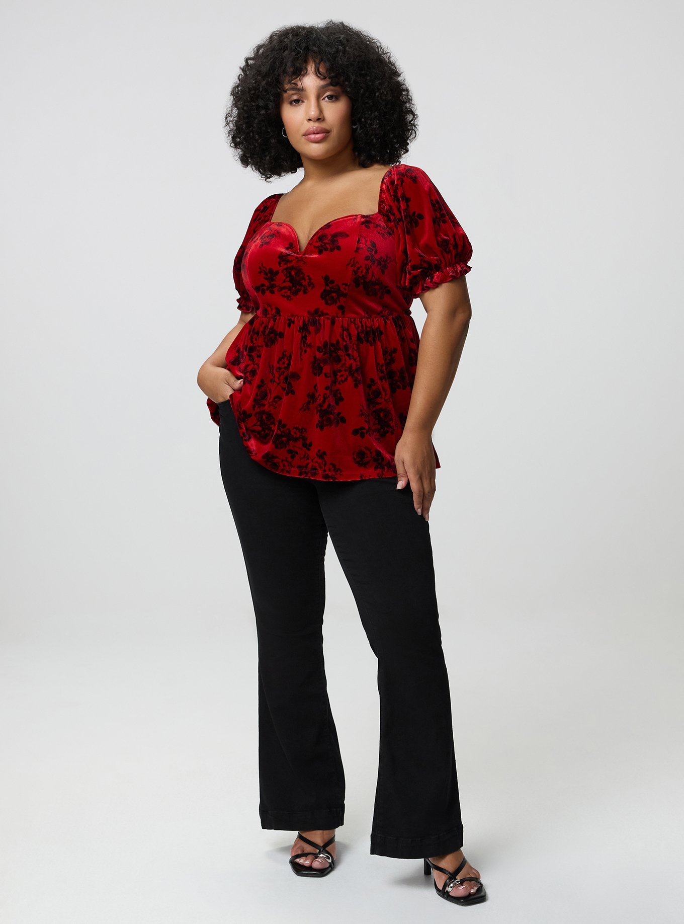 Plus Size Curved V Wire Puff Sleeve Babydoll, ROSETTA FLORAL RED, alternate