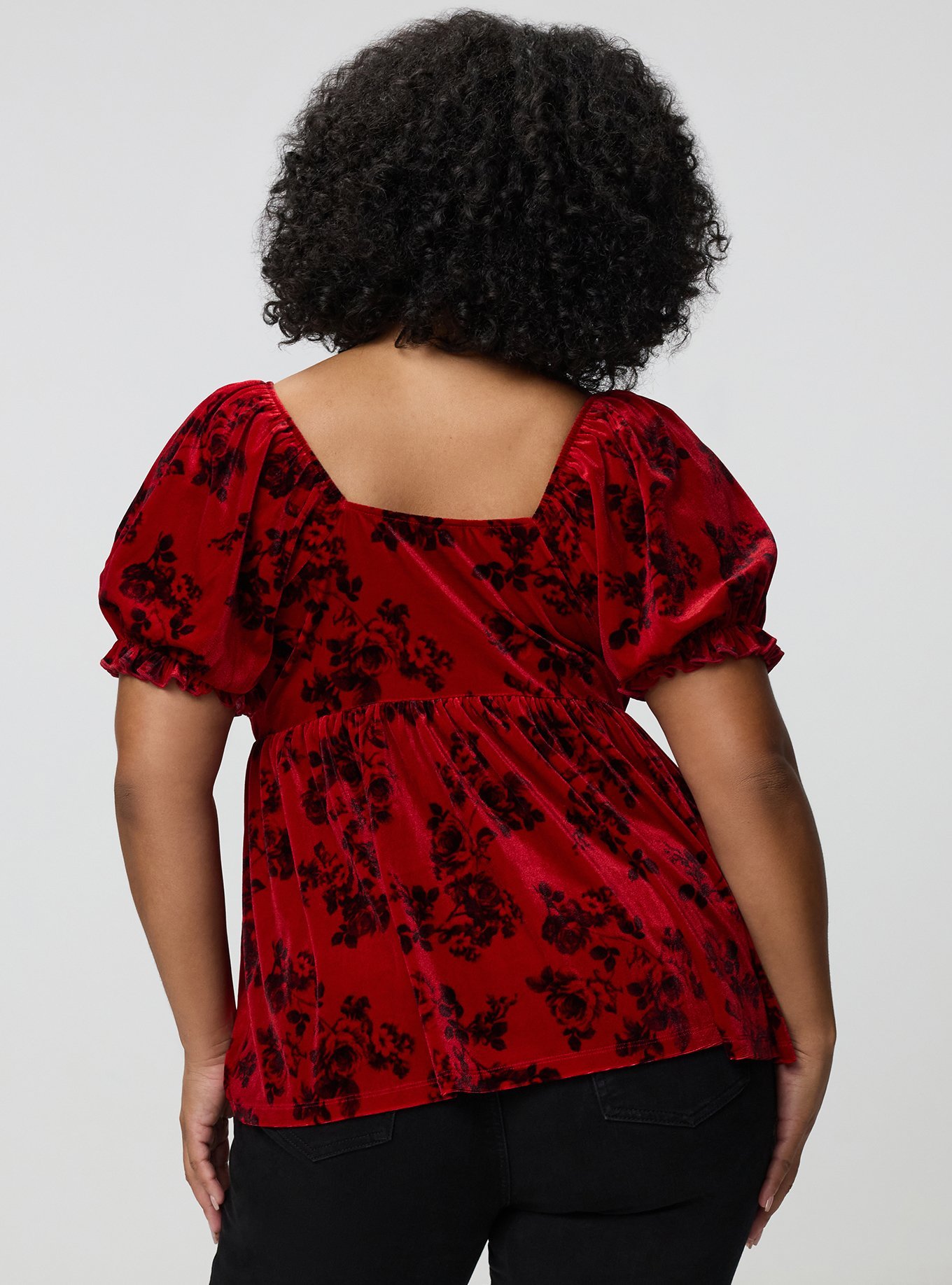Plus Size Curved V Wire Puff Sleeve Babydoll, ROSETTA FLORAL RED, alternate