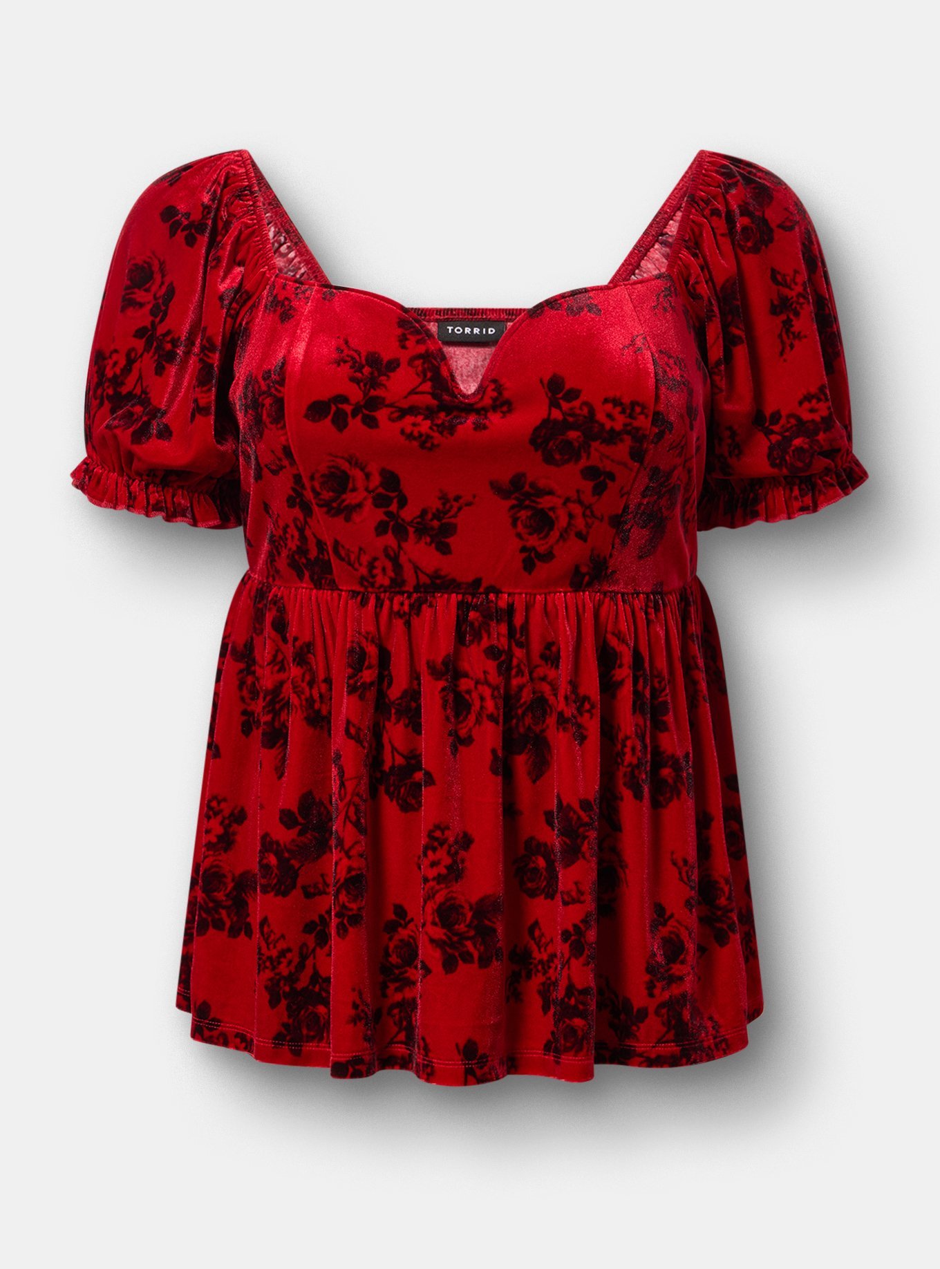 Plus Size Curved V Wire Puff Sleeve Babydoll, ROSETTA FLORAL RED, flat