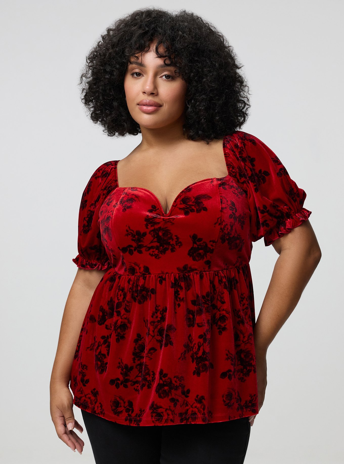 Plus Size Curved V Wire Puff Sleeve Babydoll, ROSETTA FLORAL RED, hi-res
