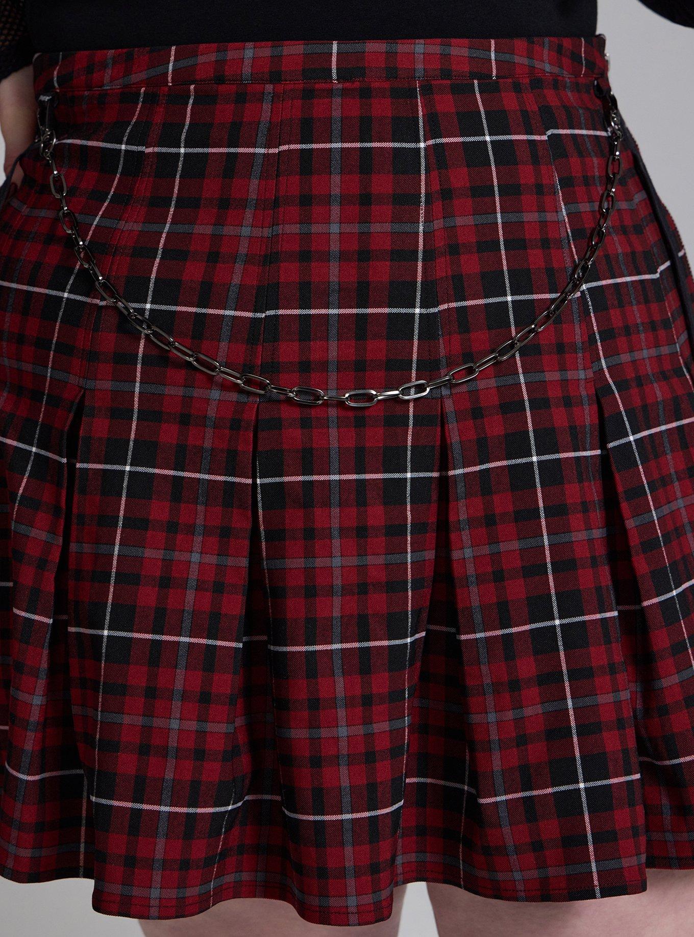 Nightfall Pleated Chain Detail Mini Skirt, COVEN PLAID RED, alternate