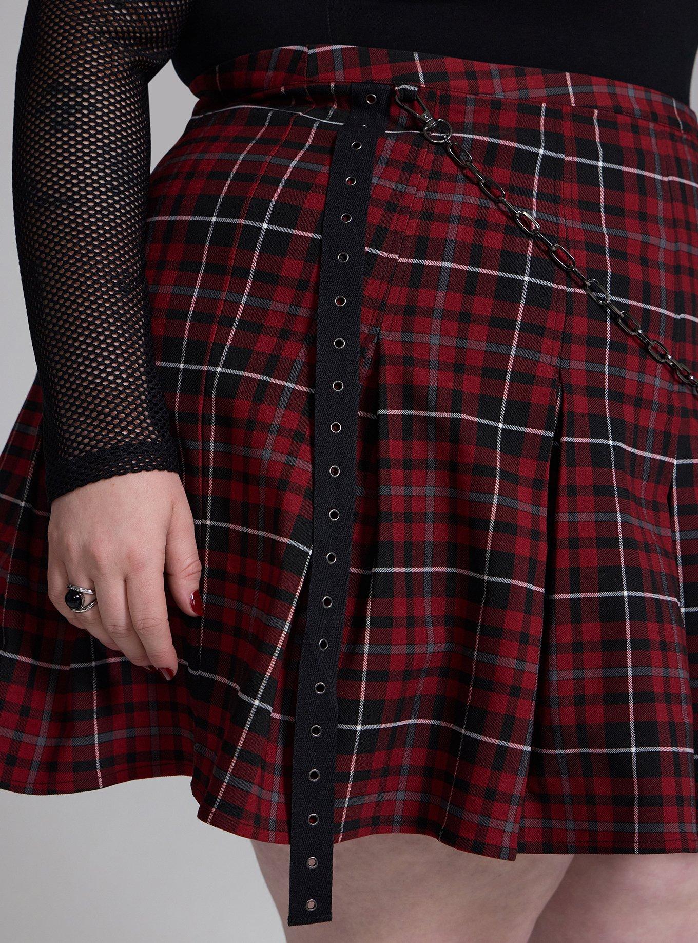 Nightfall Pleated Chain Detail Mini Skirt, COVEN PLAID RED, alternate