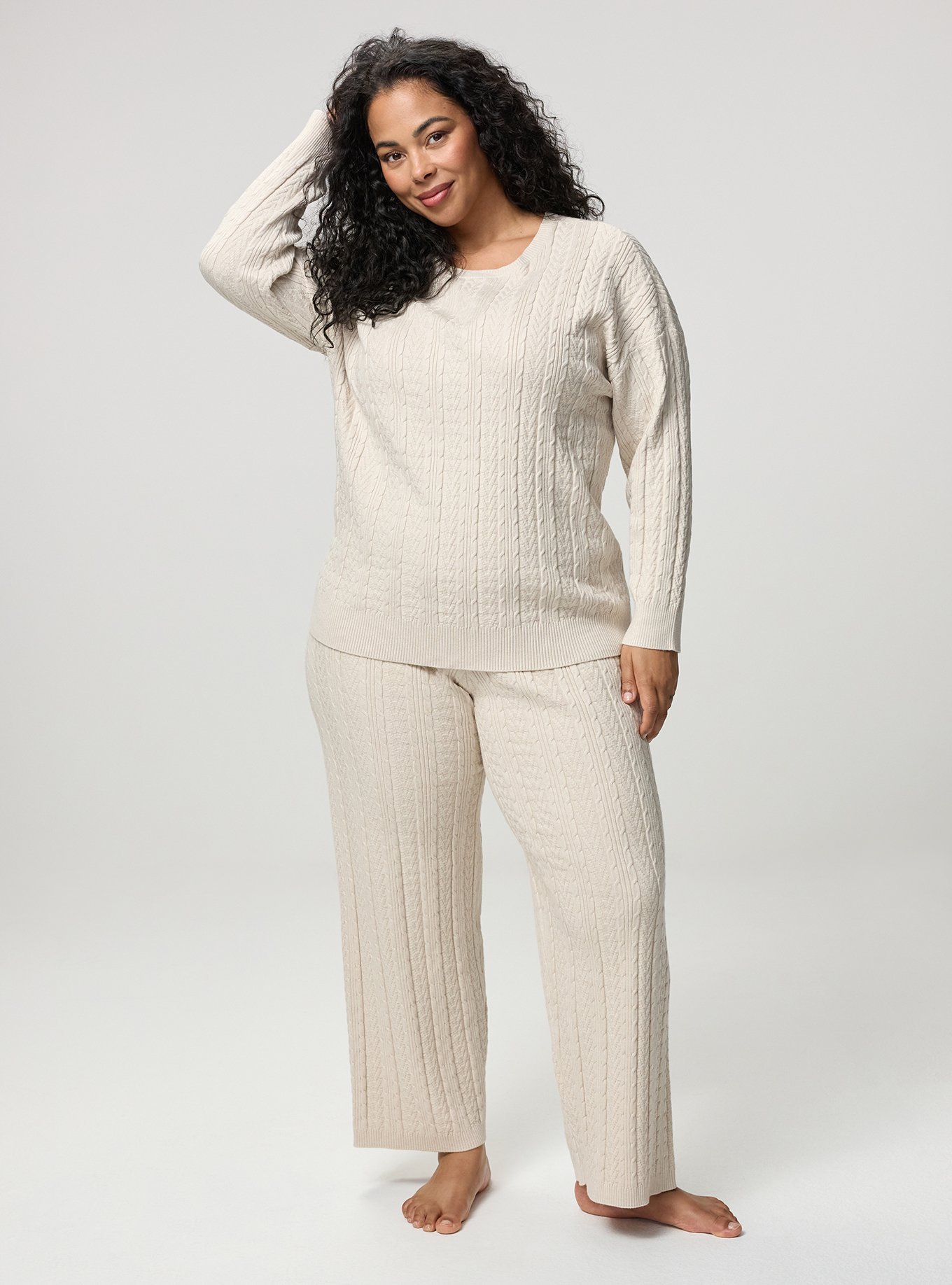 Plus Size Cable Lounge Pullover, OATMEAL HEATHER, alternate