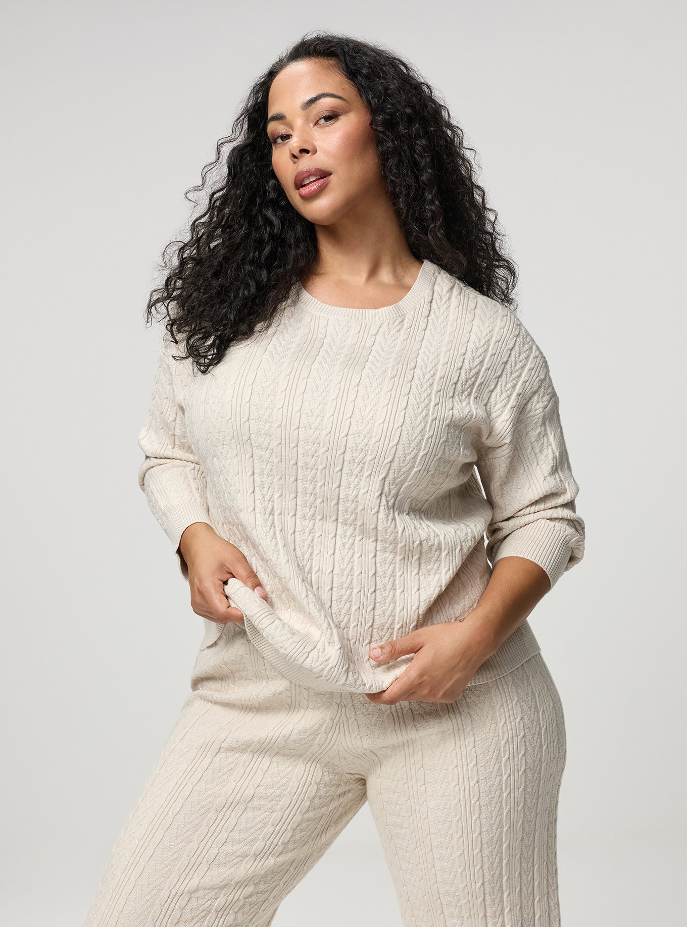 Plus Size Cable Lounge Pullover, OATMEAL HEATHER, alternate