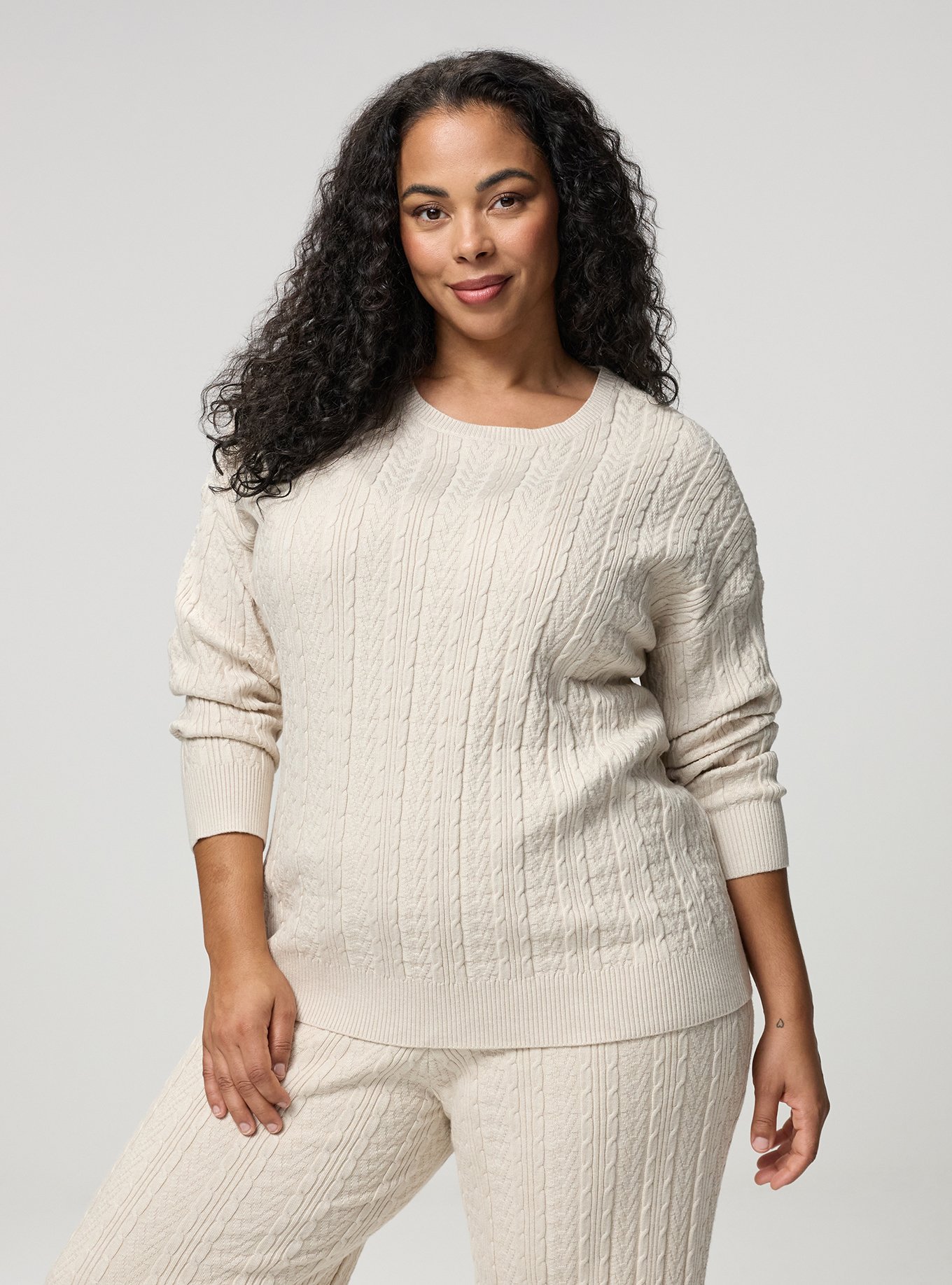 Plus Size Cable Lounge Pullover, OATMEAL HEATHER, hi-res