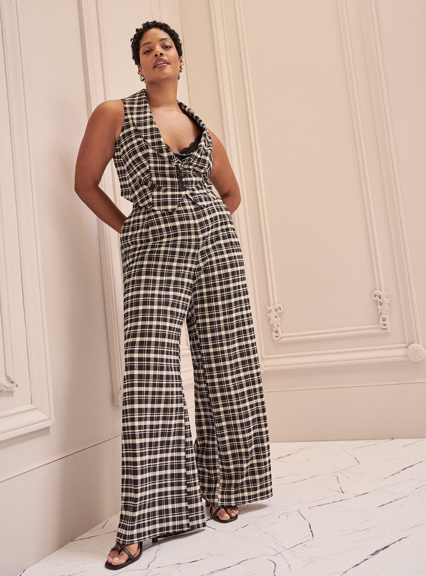 Studio Relaxed Wide Leg Twill Pant, NIA PLAID DEEP BLACK, hi-res