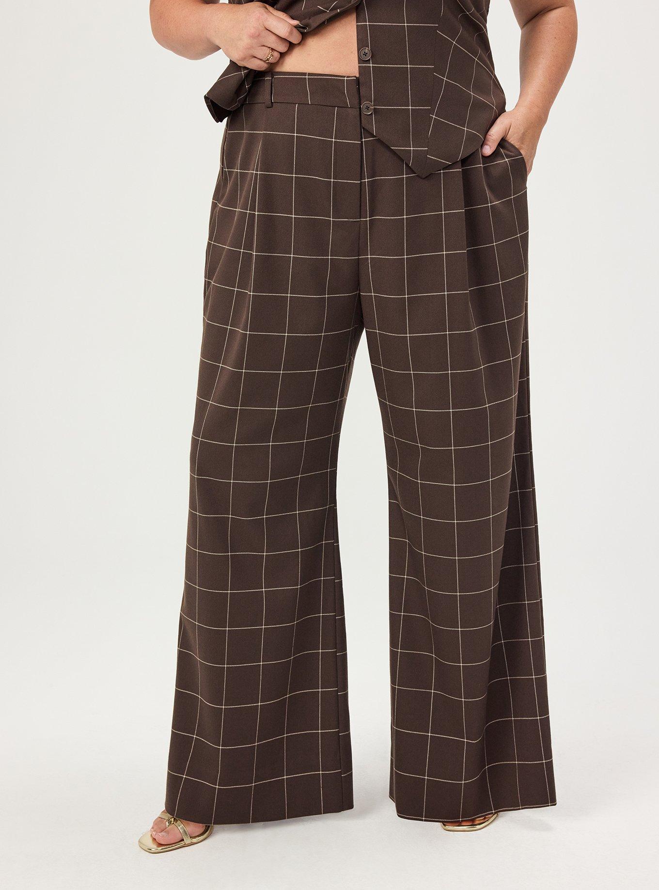 Plus Size Studio Relaxed Wide Leg Twill Pant, THIN PANE PLAID BROWN, alternate