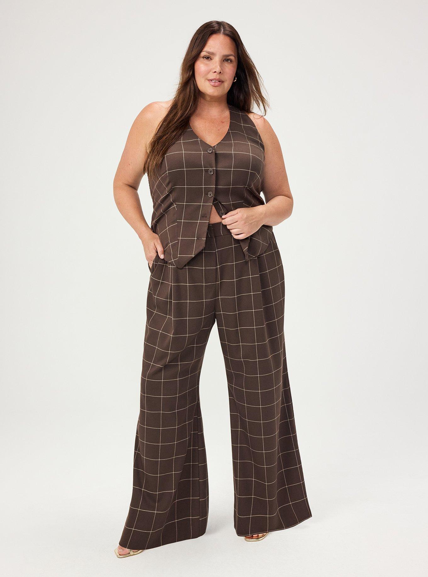 Plus Size Studio Relaxed Wide Leg Twill Pant, THIN PANE PLAID BROWN, hi-res
