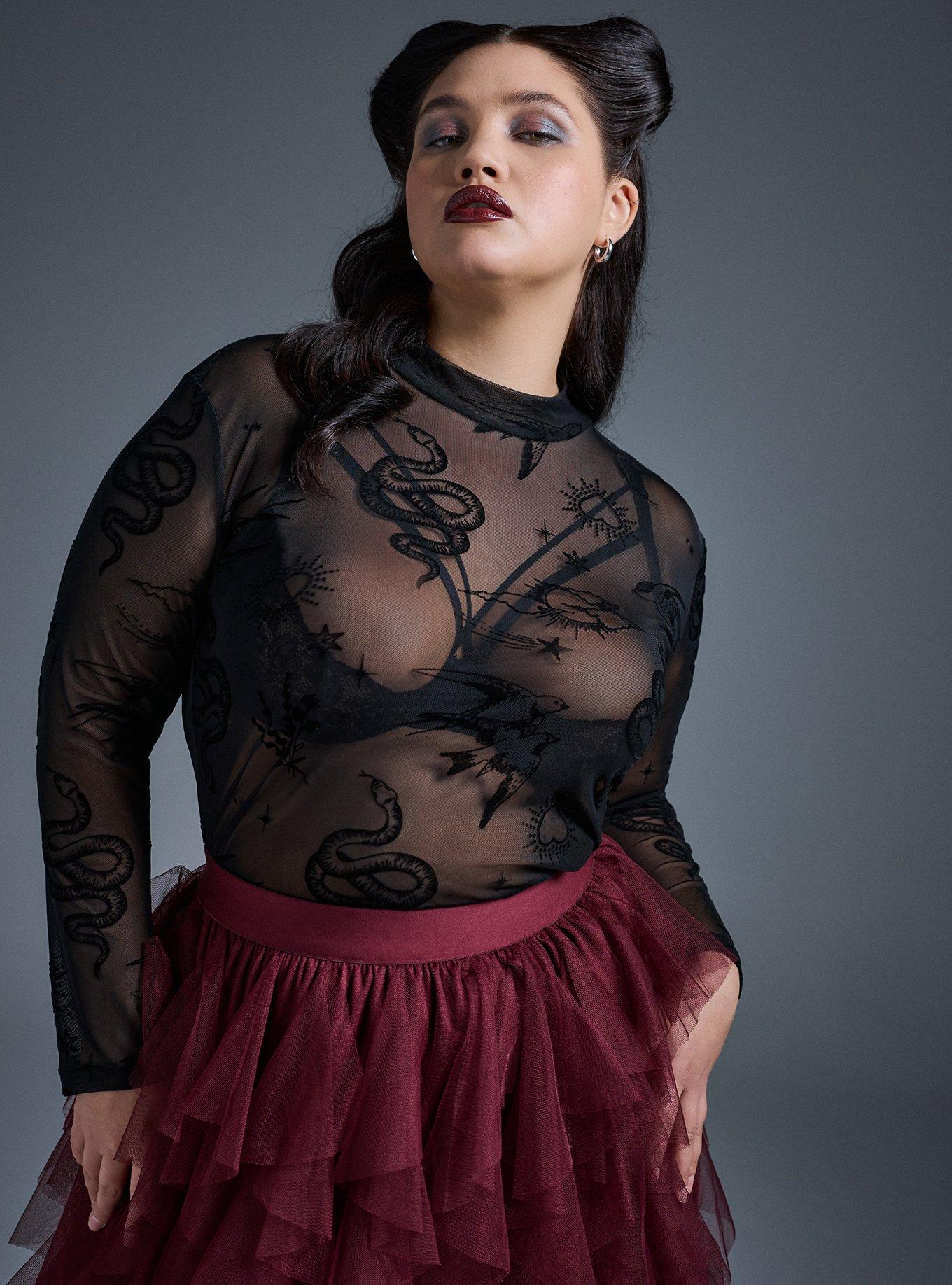 Mesh Burnout Mock Neck Long Sleeve Top