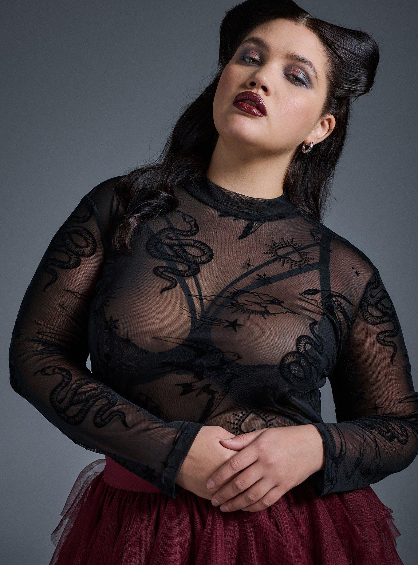 Mesh Burnout Mock Neck Long Sleeve Top