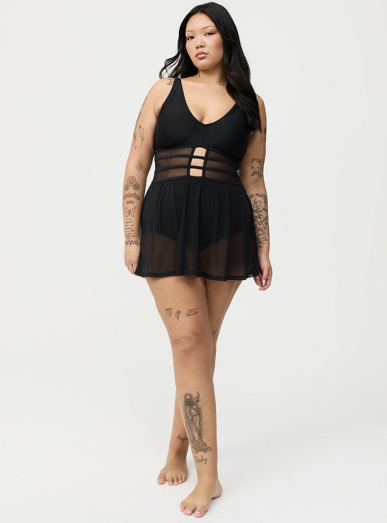 Wire-Free Mesh Panel Swim Dress, DEEP BLACK, alternate