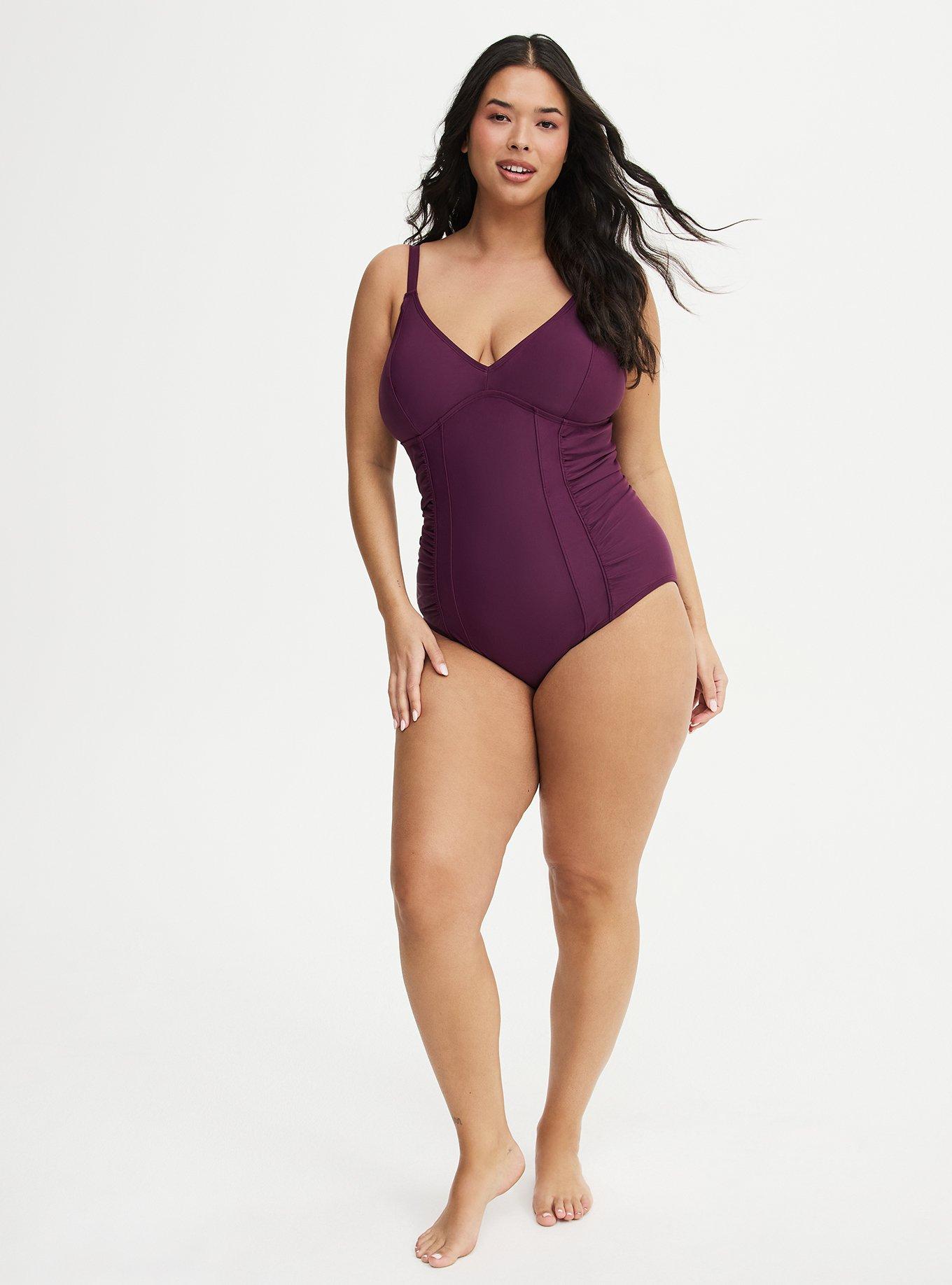 Wire Free Slim Fix V-Neck Corset One Piece, EGGPLANT SWIM, alternate