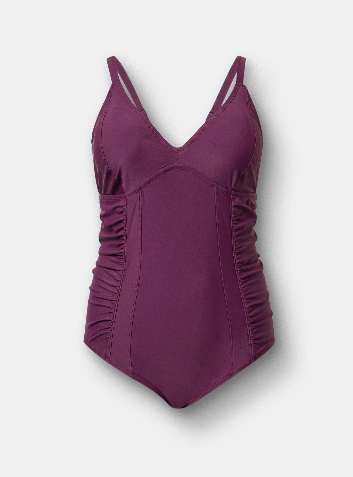 Wire Free Slim Fix V-Neck Corset One Piece, EGGPLANT SWIM, hi-res