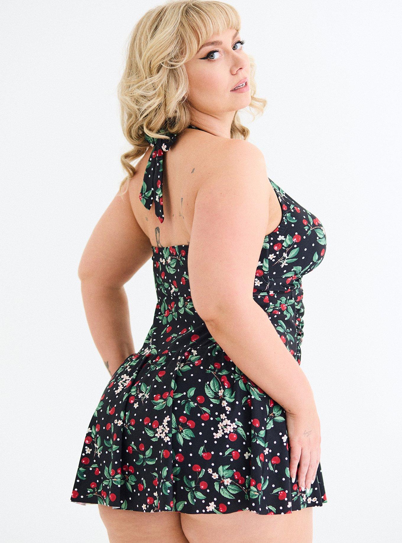 Retro Chic Halter Swim Dress, CHEERY CHERRY DEEP BLACK, alternate