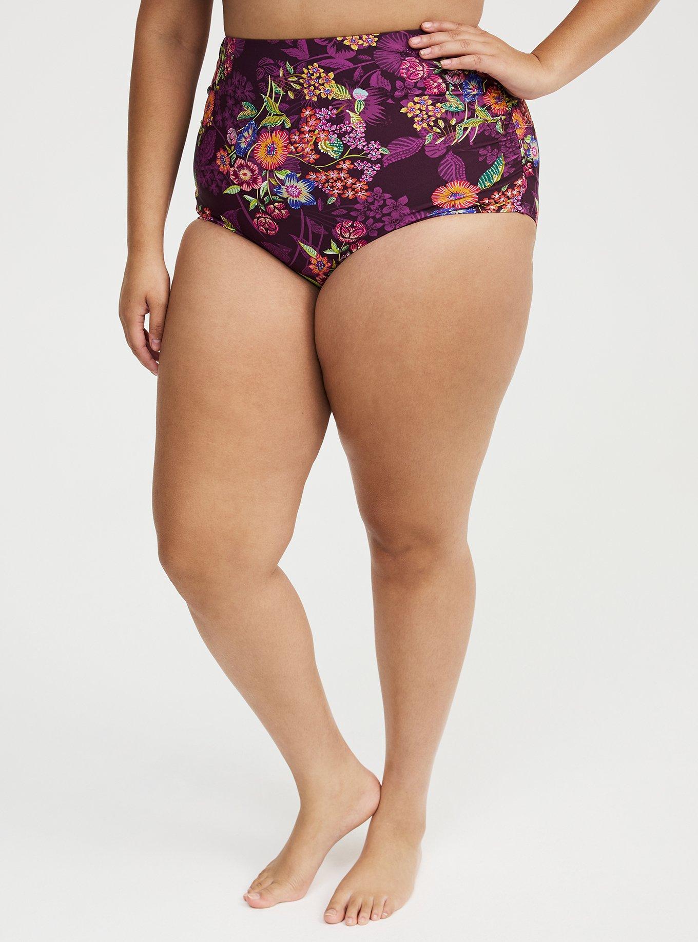 High-Waist Ruched Swim Bottom, PUNCHY FLORAL EGGPLANT, alternate