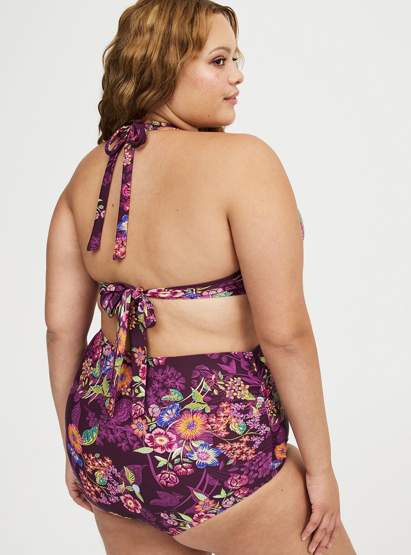 High-Waist Ruched Swim Bottom, PUNCHY FLORAL EGGPLANT, alternate