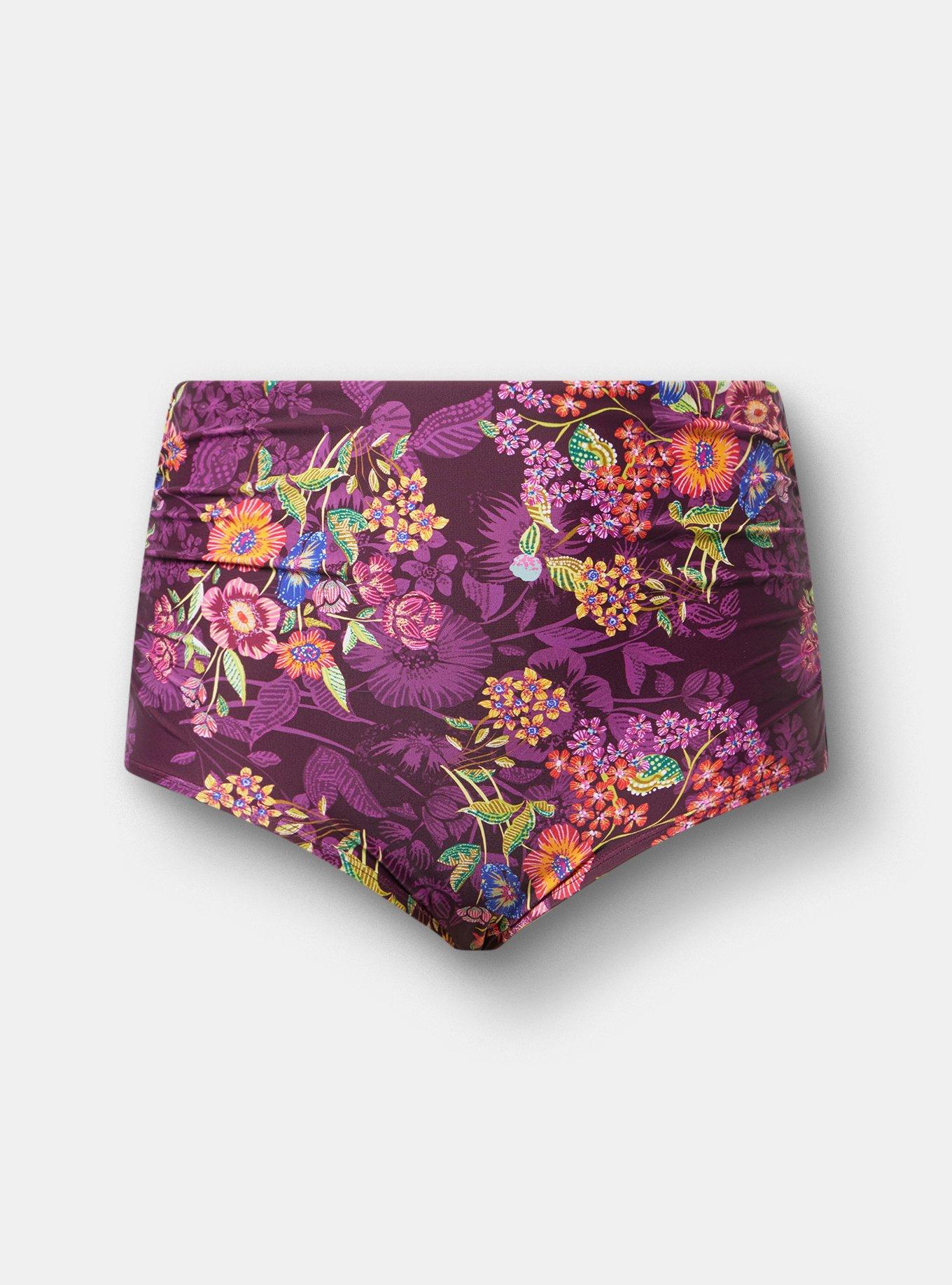High-Waist Ruched Swim Bottom, PUNCHY FLORAL EGGPLANT, hi-res