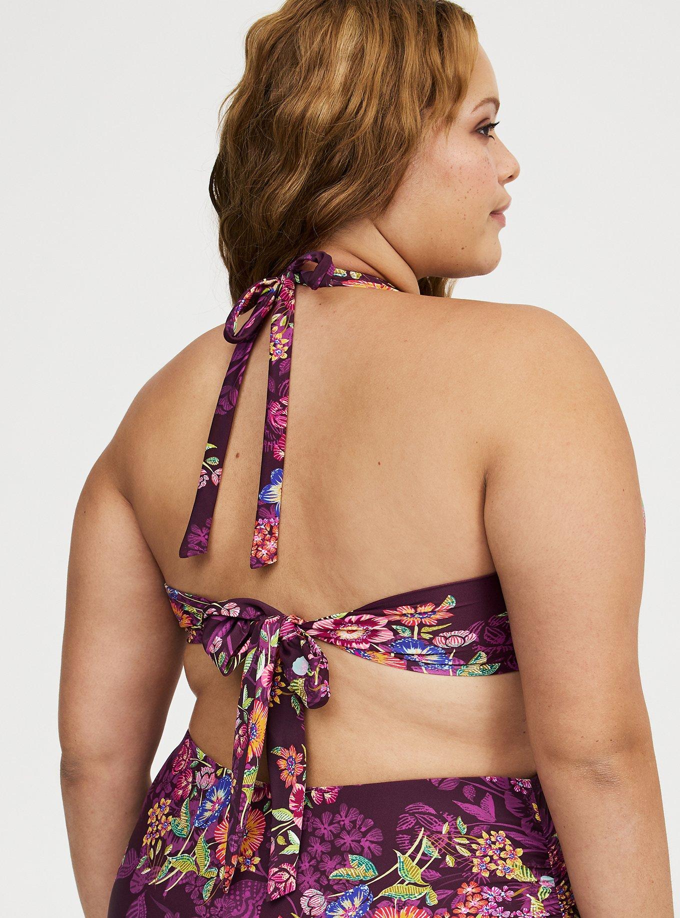 Wire-Free Halter O-Ring String Bikini Top, PUNCHY FLORAL EGGPLANT, alternate