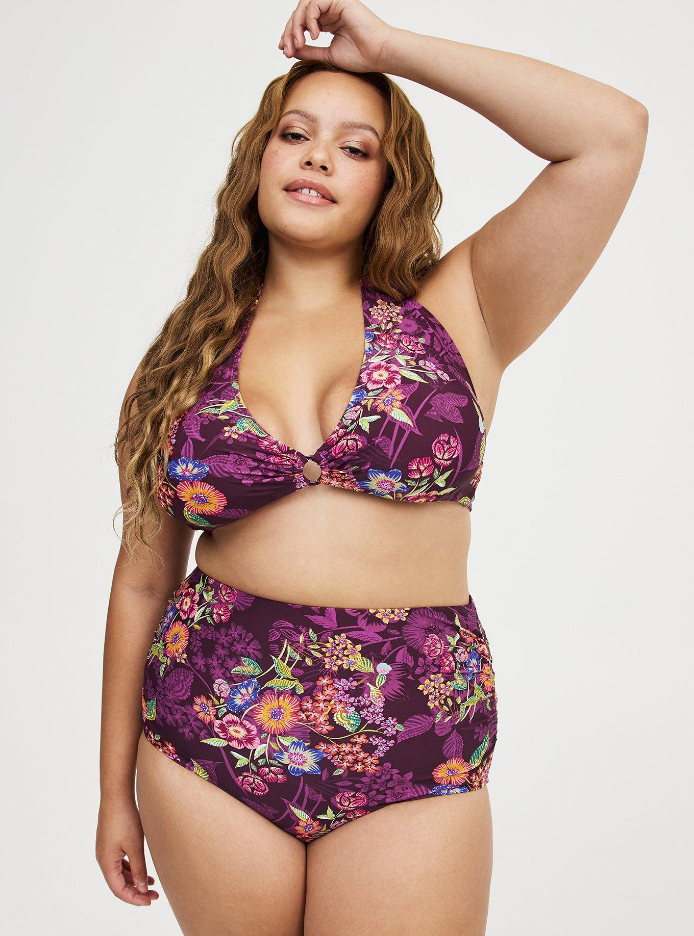 Wire-Free Halter O-Ring String Bikini Top, PUNCHY FLORAL EGGPLANT, alternate