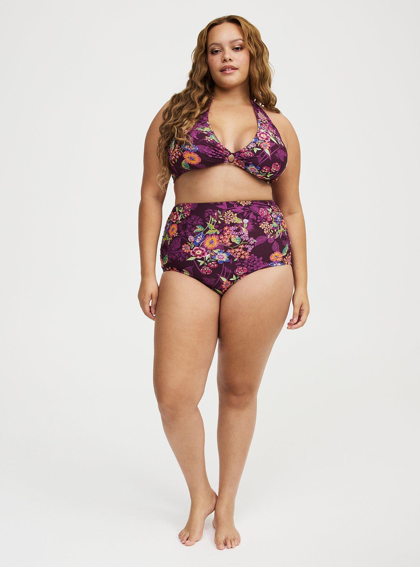 Wire-Free Halter O-Ring String Bikini Top, PUNCHY FLORAL EGGPLANT, alternate