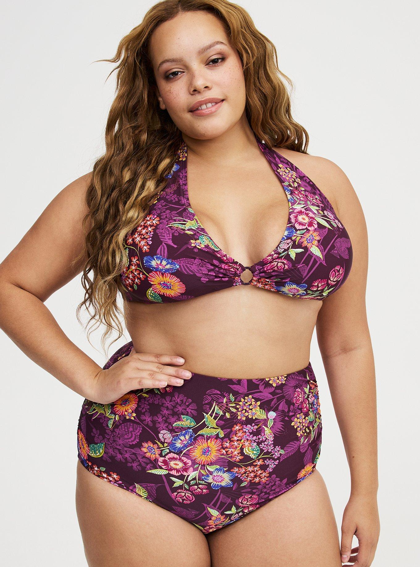 Wire-Free Halter O-Ring String Bikini Top, PUNCHY FLORAL EGGPLANT, alternate