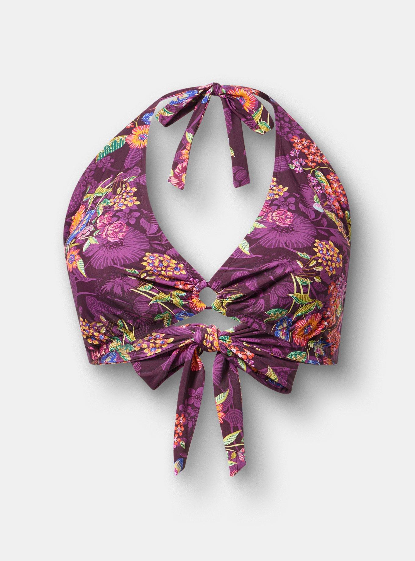 Wire-Free Halter O-Ring String Bikini Top, PUNCHY FLORAL EGGPLANT, hi-res
