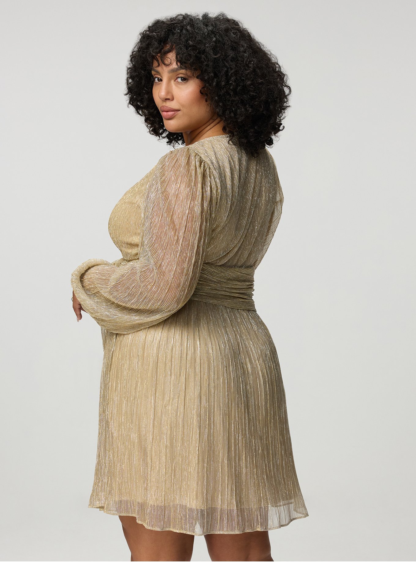 Surplice Tie Waist Mini Dress, CHAMPAGNE PLISSE C#22, alternate