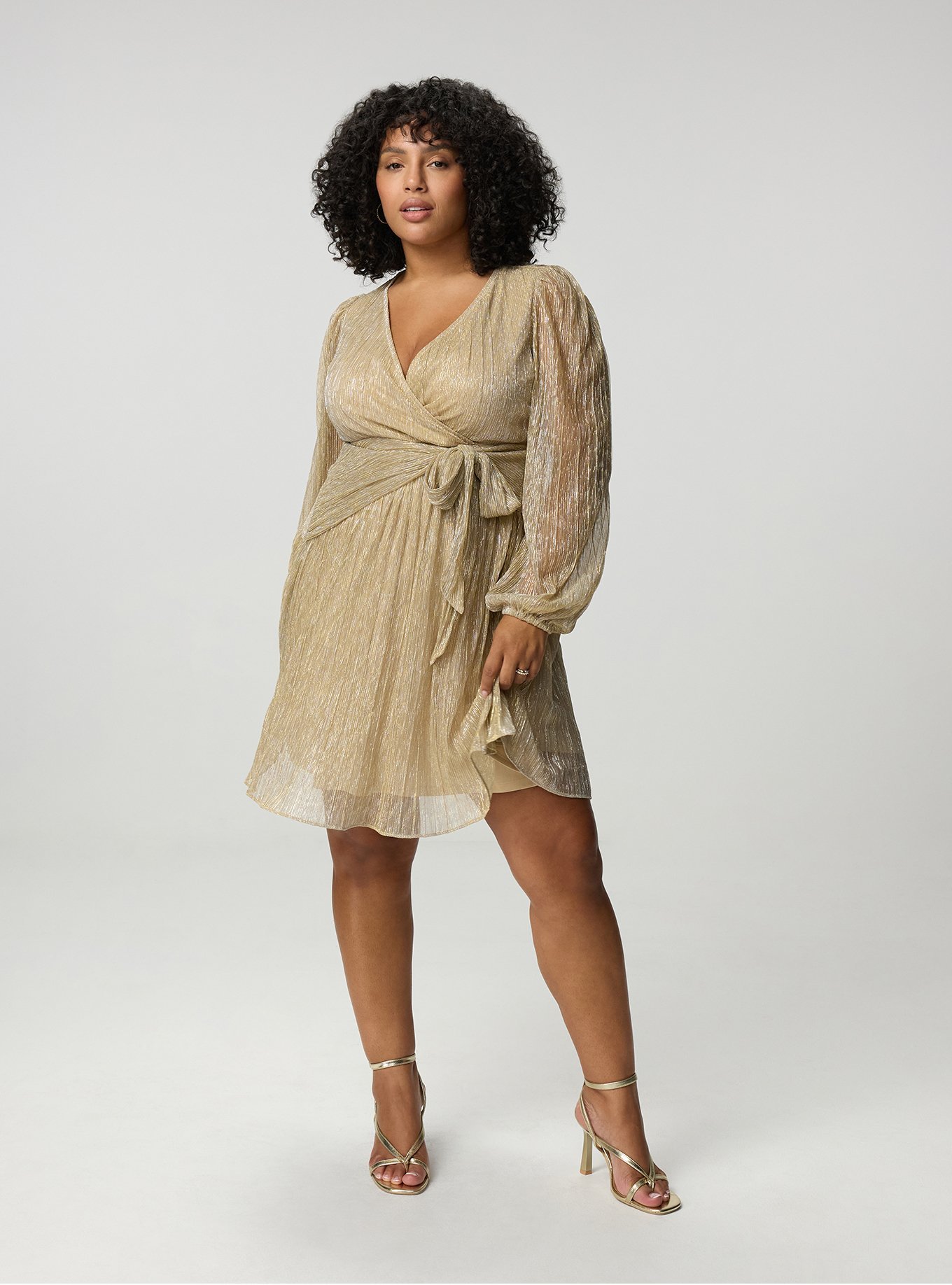 Surplice Tie Waist Mini Dress, CHAMPAGNE PLISSE C#22, alternate