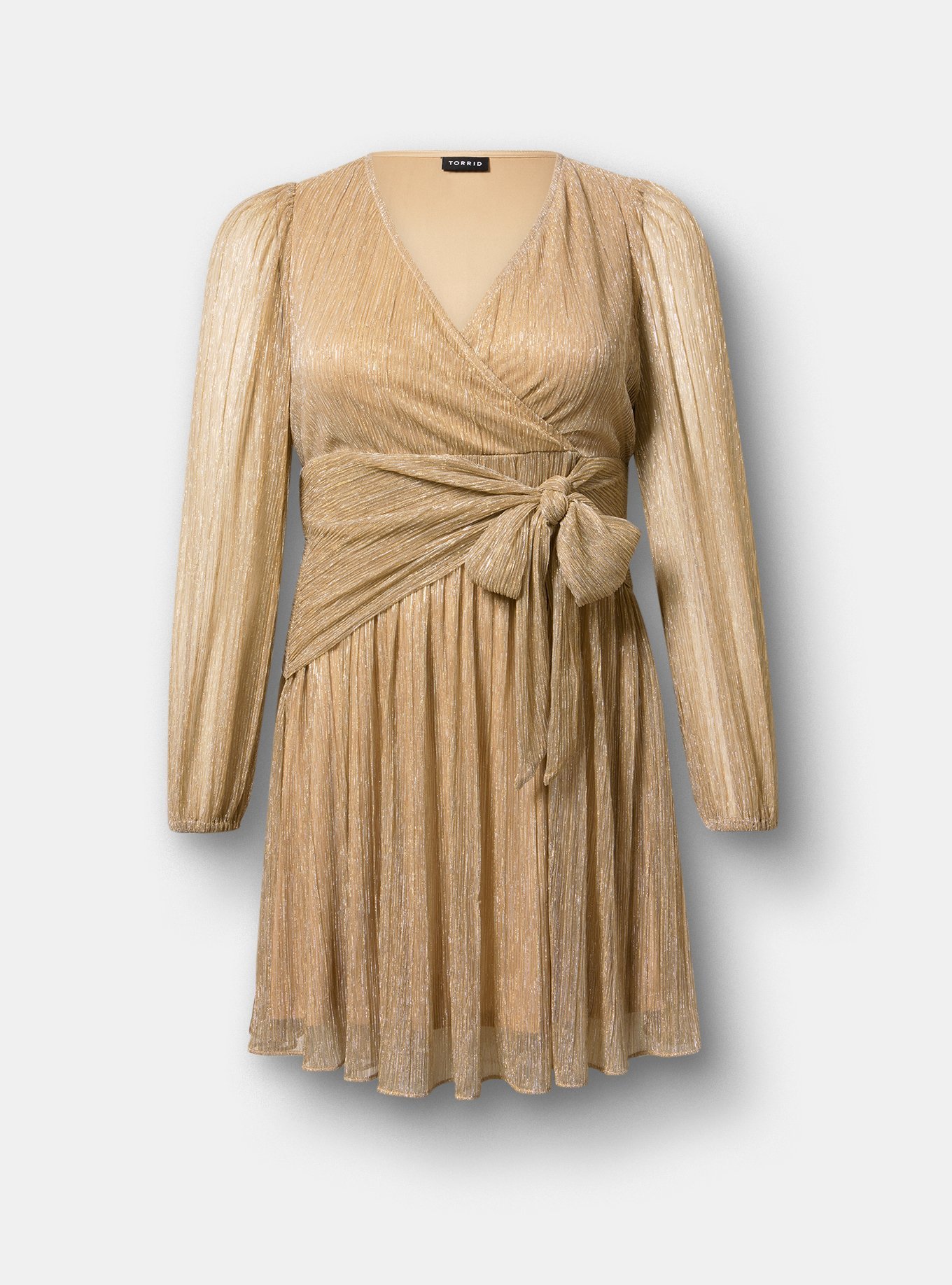 Surplice Tie Waist Mini Dress, CHAMPAGNE PLISSE C#22, flat