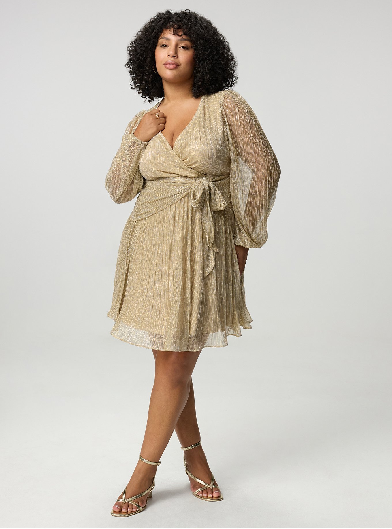 Surplice Tie Waist Mini Dress, CHAMPAGNE PLISSE C#22, hi-res