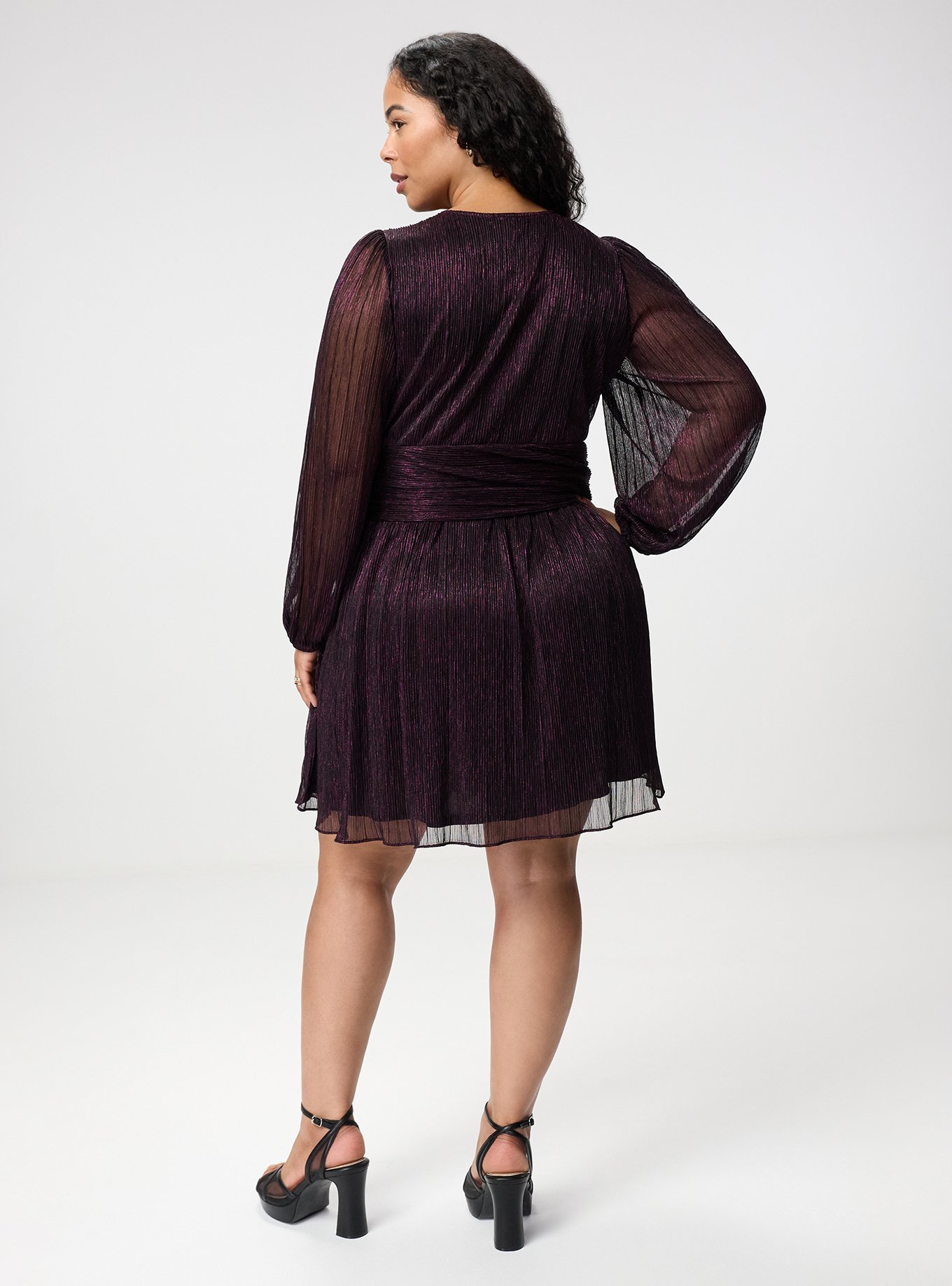Surplice Tie Waist Mini Dress, BLACK/PURPLE PLISSE C#12, alternate