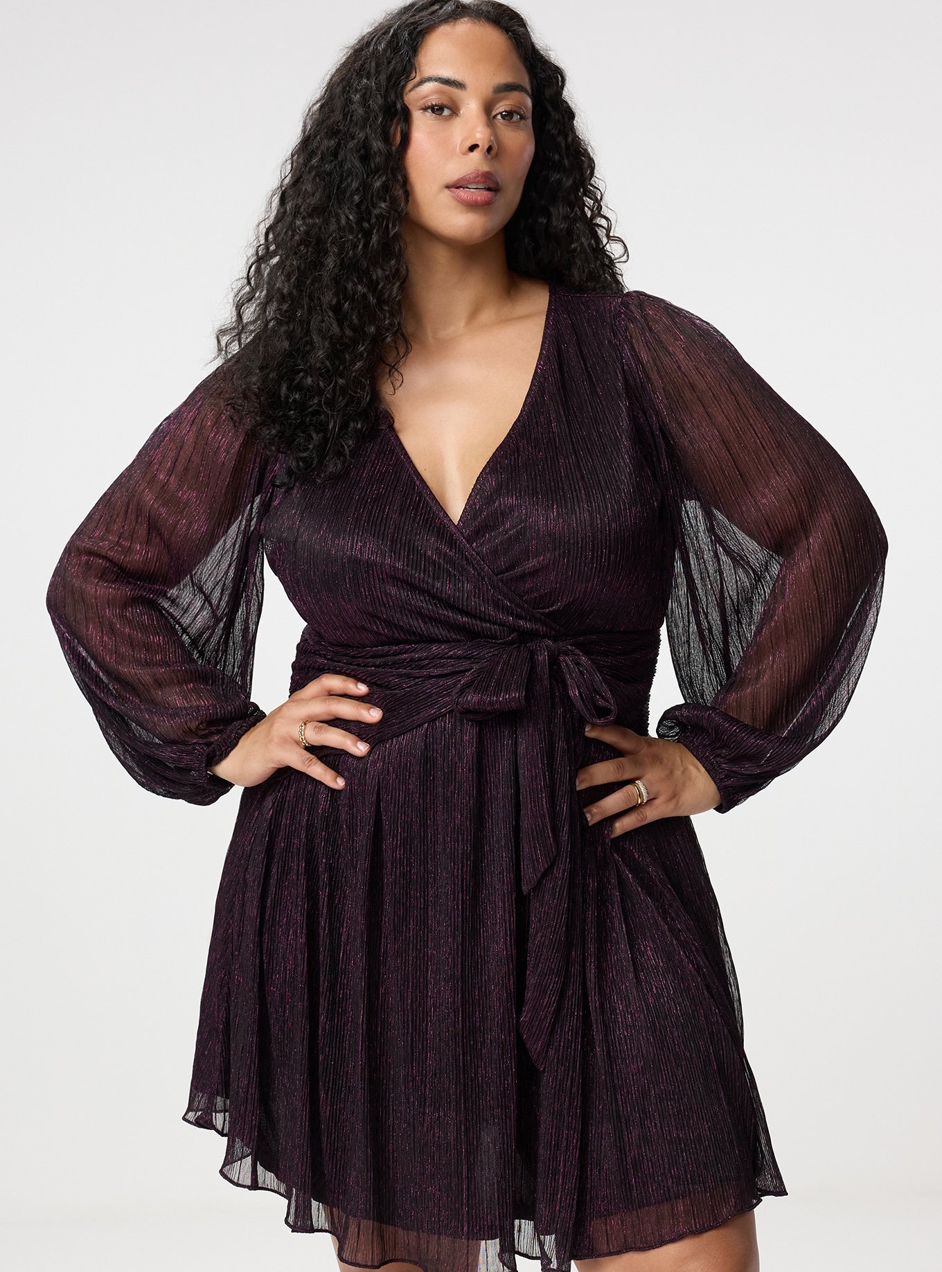 Surplice Tie Waist Mini Dress, BLACK/PURPLE PLISSE C#12, alternate