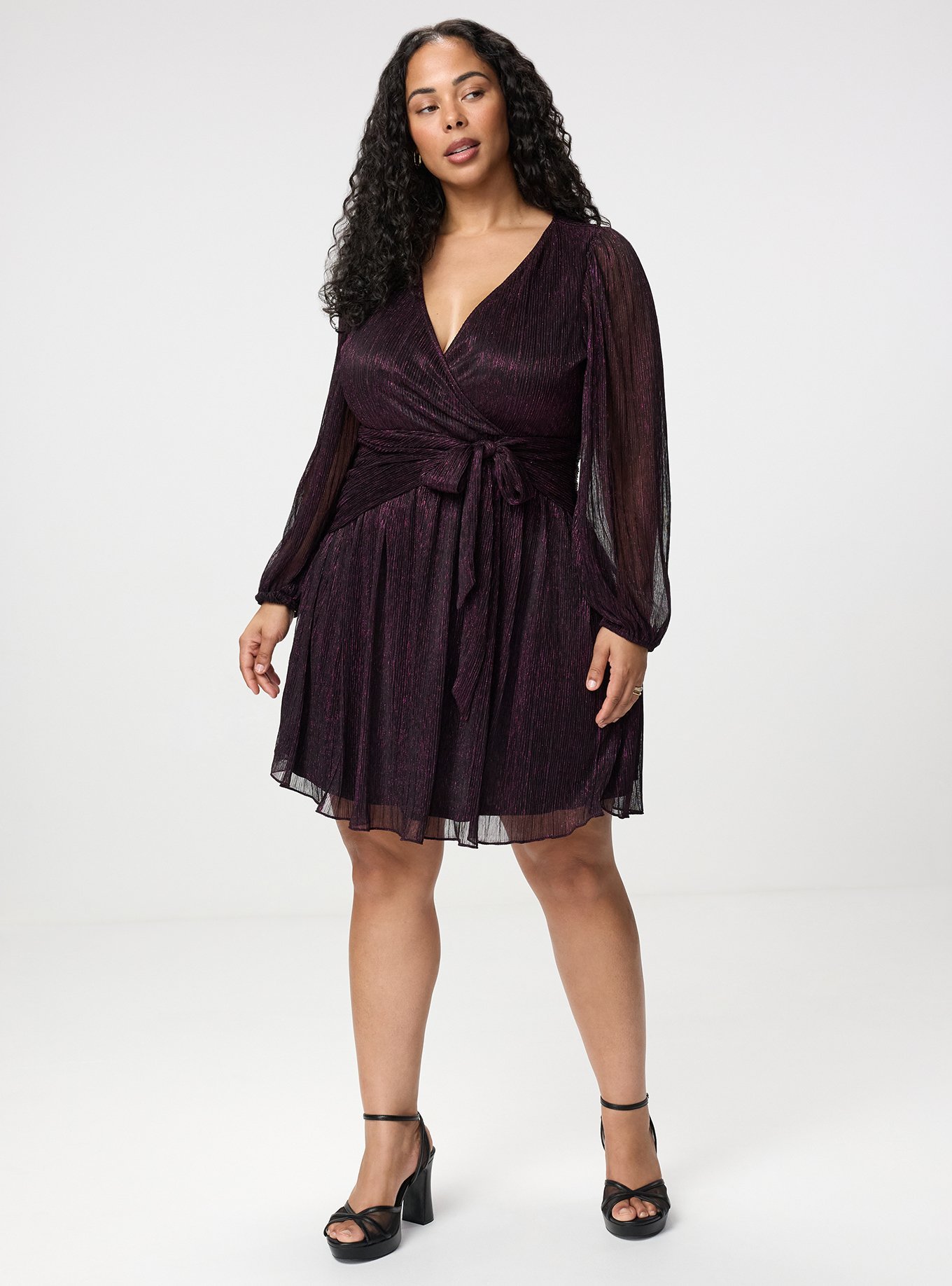 Surplice Tie Waist Mini Dress, BLACK/PURPLE PLISSE C#12, alternate