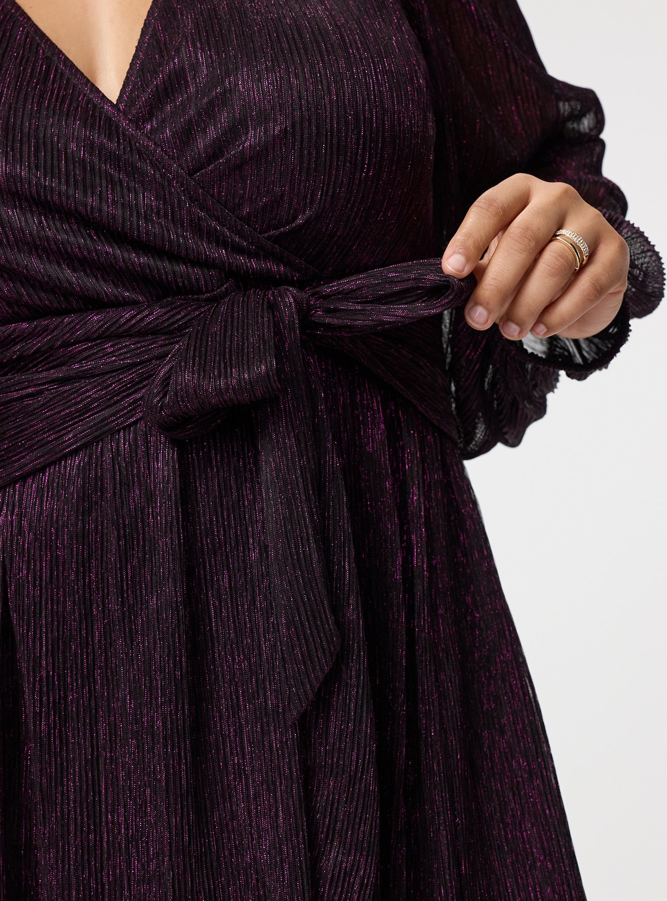 Surplice Tie Waist Mini Dress, BLACK/PURPLE PLISSE C#12, alternate