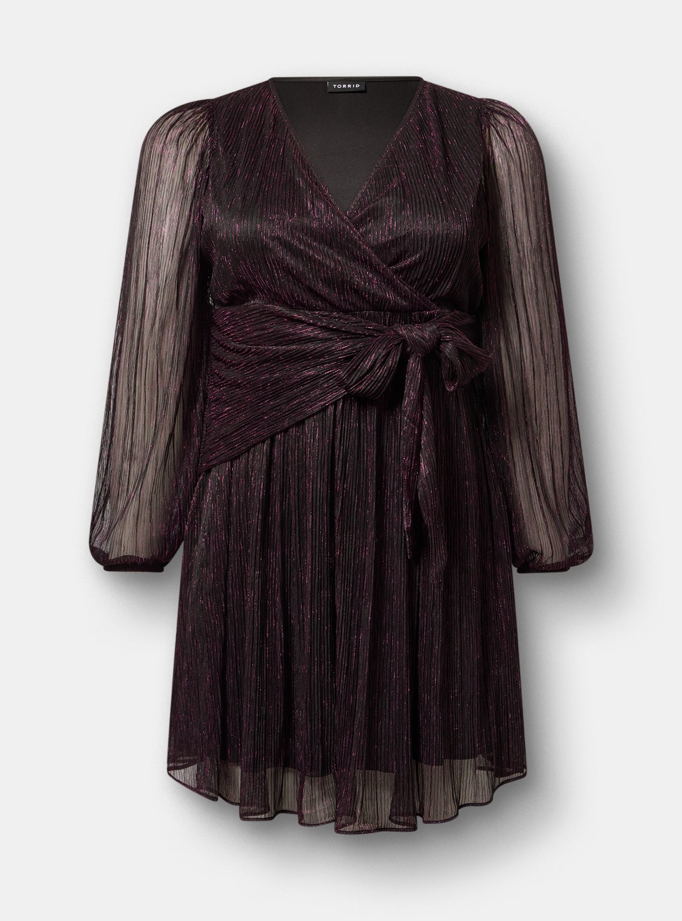 Surplice Tie Waist Mini Dress, BLACK/PURPLE PLISSE C#12, flat