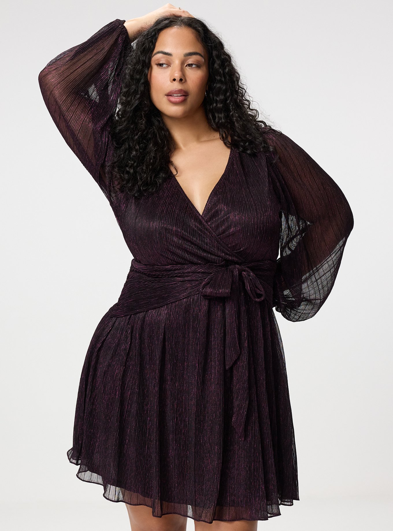 Surplice Tie Waist Mini Dress, BLACK/PURPLE PLISSE C#12, hi-res