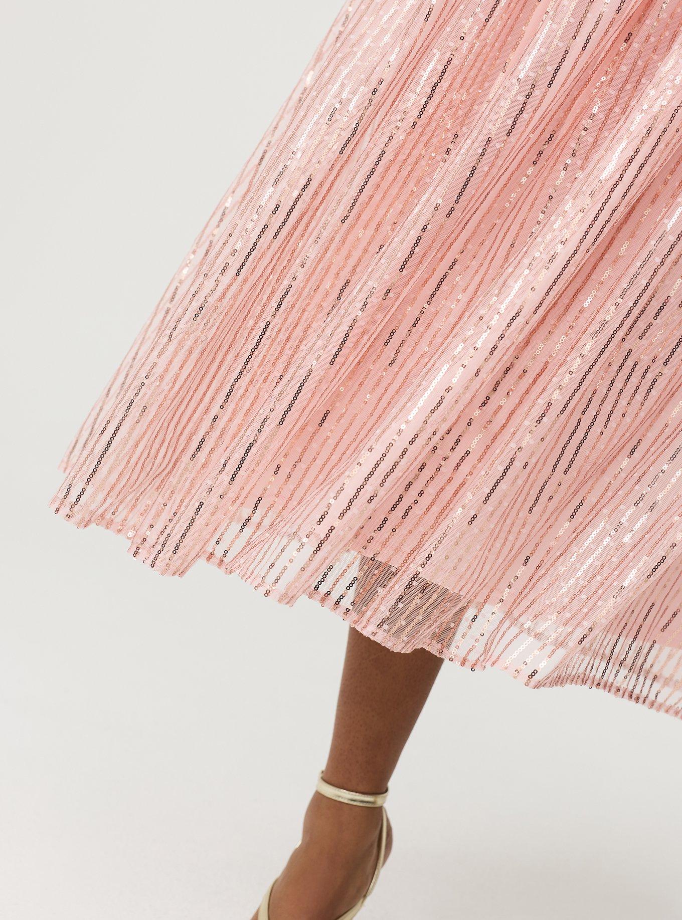 Pleated Sequin Tea Length Skirt, SILVER PINK, alternate