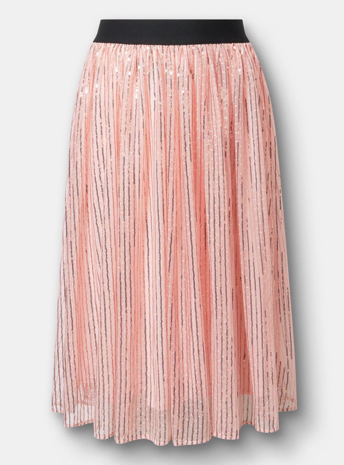 Pleated Sequin Tea Length Skirt, SILVER PINK, hi-res
