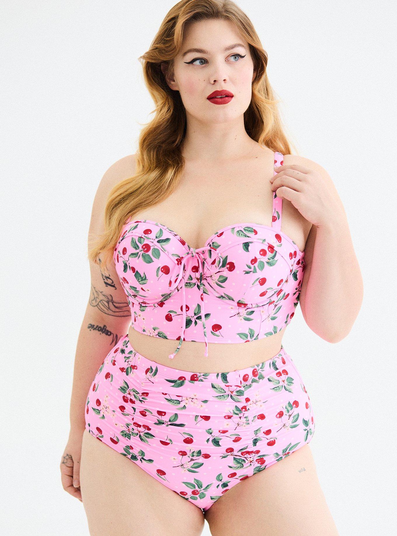 Retro Chic High-Rise Ruched Swim Bottom, CHEERY CHERRY PINK SPLASH, alternate