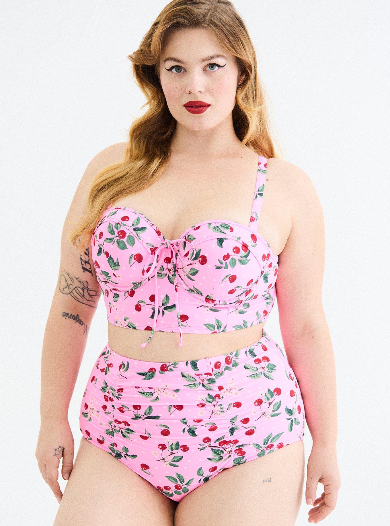 Retro Chic High-Rise Ruched Swim Bottom, CHEERY CHERRY PINK SPLASH, alternate