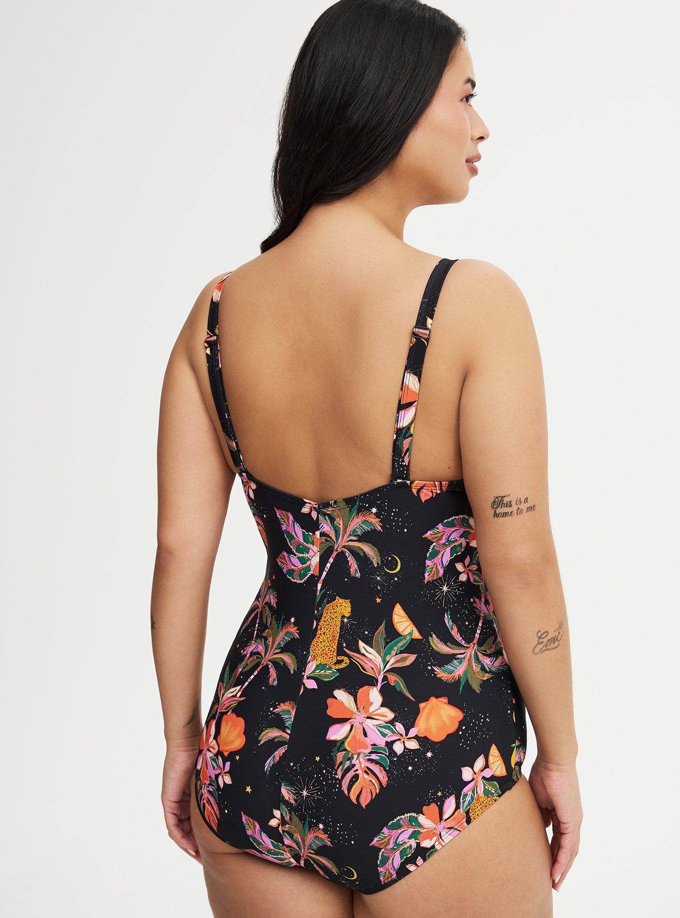 Deep V-Neck One-Piece Swimsuit, TWILIGHT TROPICS DEEP BLACK, alternate