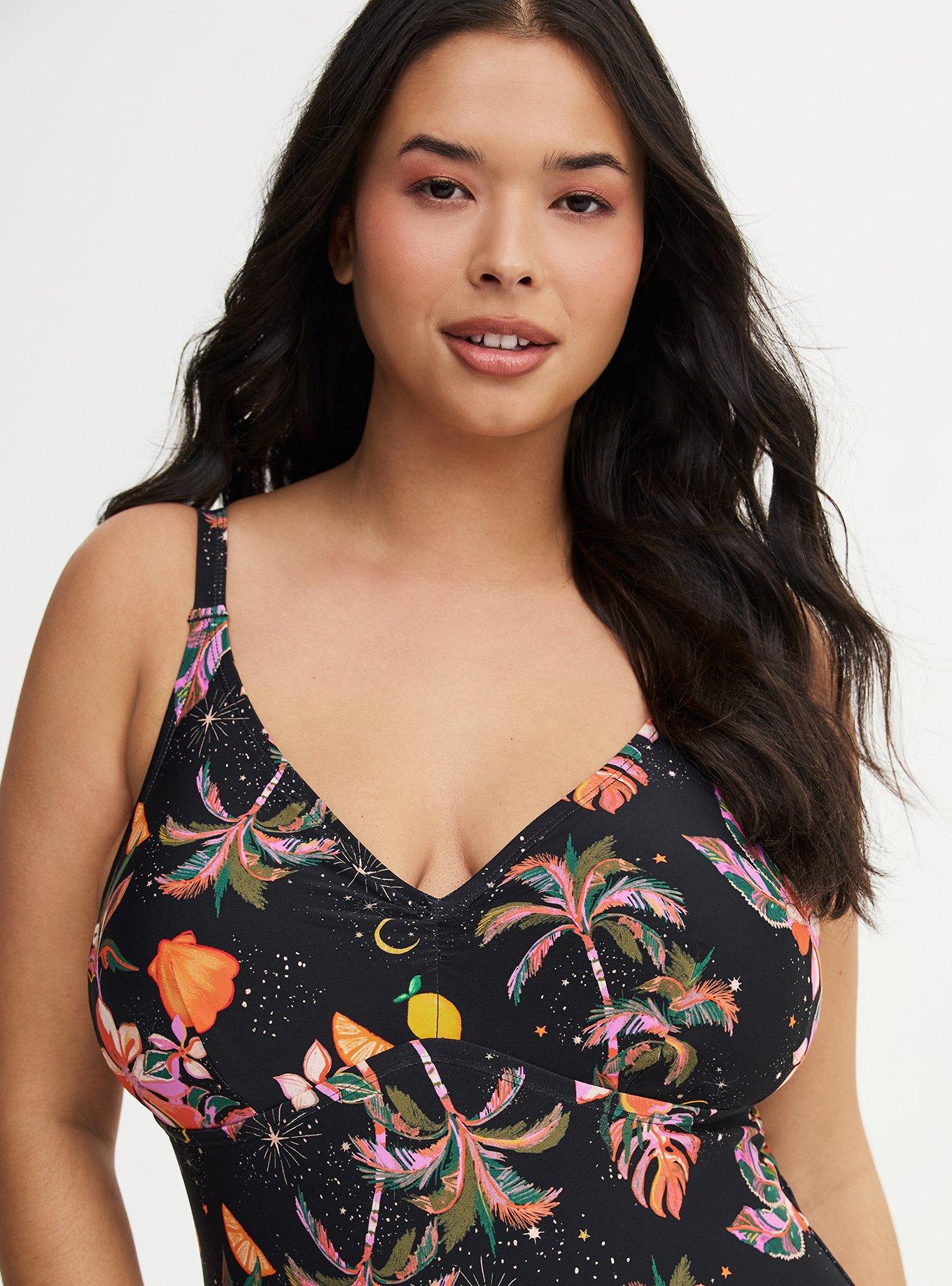 Deep V-Neck One-Piece Swimsuit, TWILIGHT TROPICS DEEP BLACK, alternate