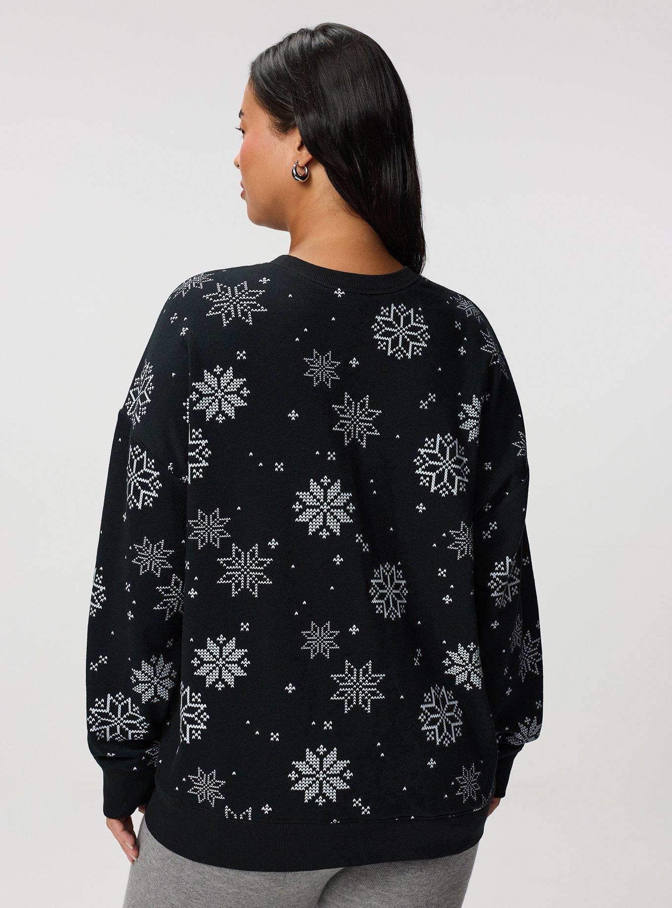 Cozy Fleece Crew Drop Shoulder Sweatshirt, KNIT SNOWFLAKES BLACK, alternate