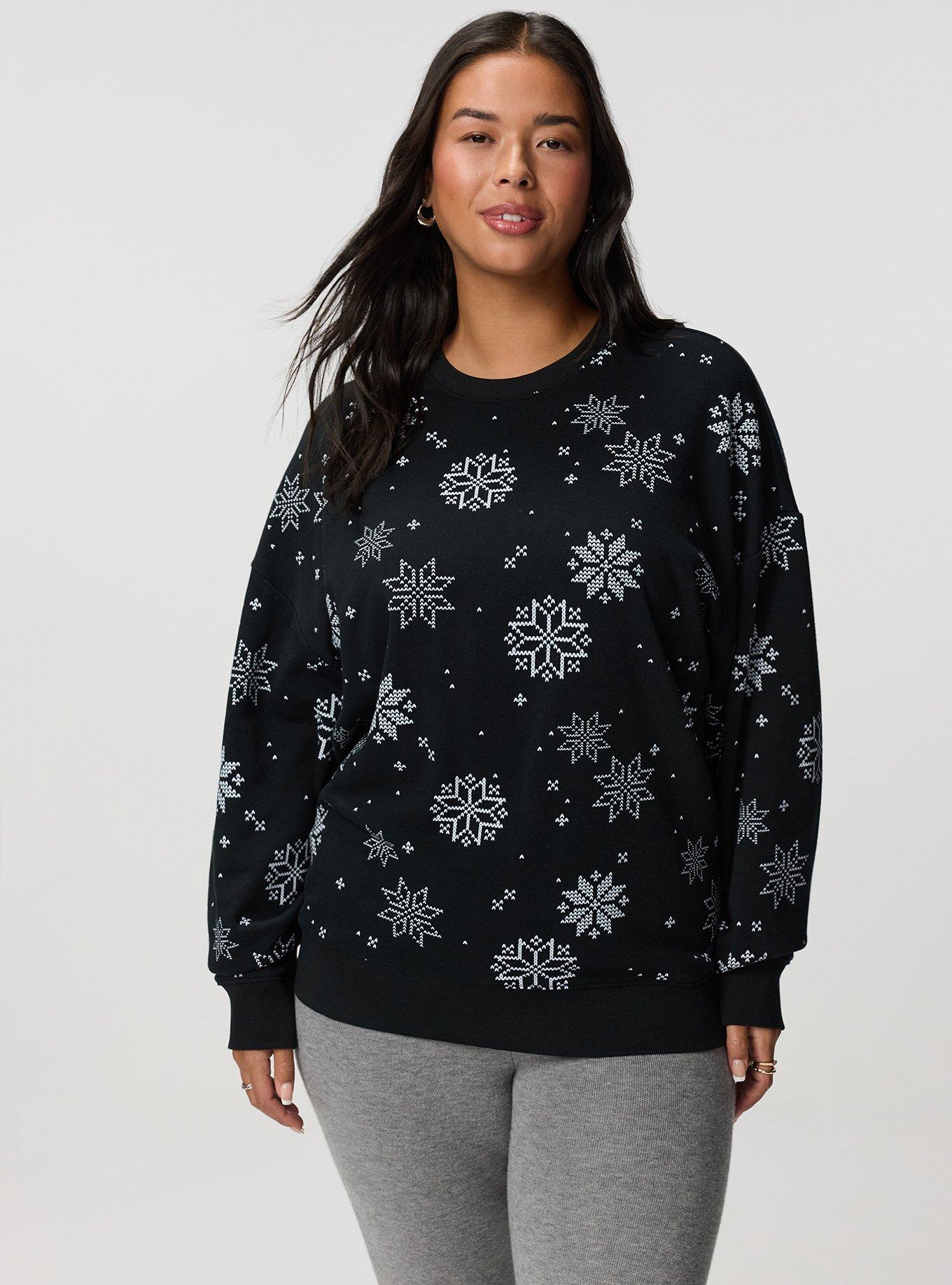 Cozy Fleece Crew Drop Shoulder Sweatshirt, KNIT SNOWFLAKES BLACK, alternate